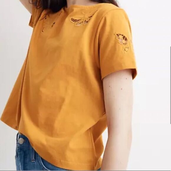 Madewell Embroidered Butterfly Eyelet Setlist Boxy Crop Tee Red - Picture 10 of 10